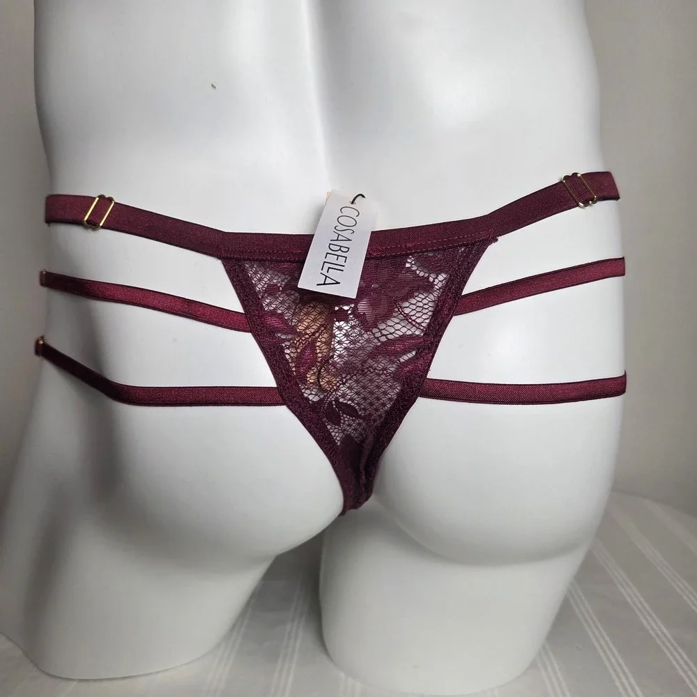 Cosabella Mens Bordeaux Floral Lace Triple Strap Adjustable Thong Underwear Vino